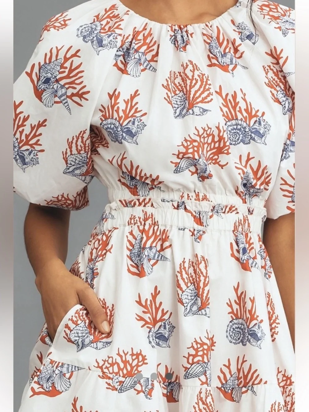 NWT retail $178 size S #Anthropologie White Coral-Print Puff Sleeve Mini Dress - Picture 3 of 7